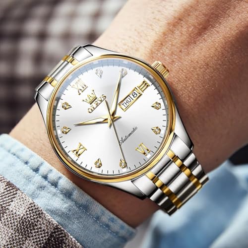Image of OLEVS Automatic Watches for Men Self Winding Mechanical Wristwatch Luxury Business Dress Stainless Steel Luminous Waterproof Calendar Mens Watch