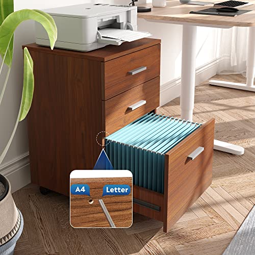 Image of DEVAISE 3 Drawer Mobile File Cabinet, Wood Filing Cabinet fits A4 or Letter Size for Home Office, Walnut