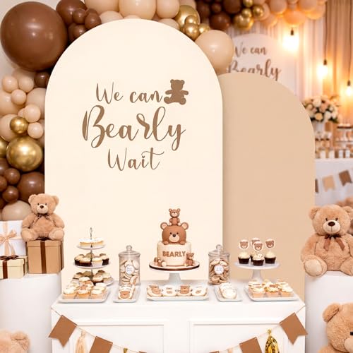 Mindsoft 2 Set We Can Bearly Wait Themed Arch Backdrop Cover 7.2ft 6.6ft Teddy Bear Arched Baby Shower Covers Stretchy Background Wall Decor for Birthday Baby Shower Party Ceremony Banquet Decor