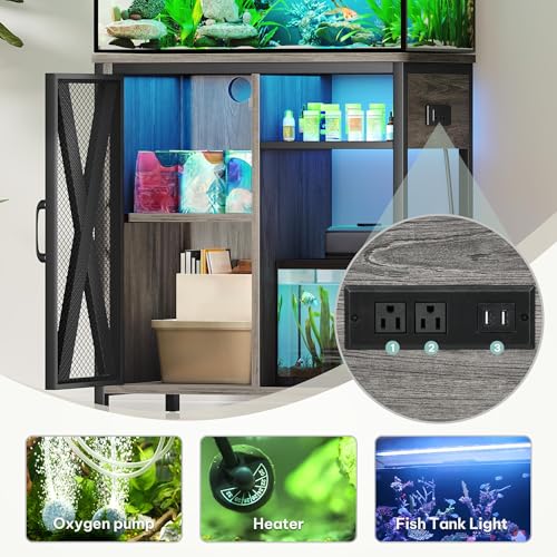 Image of YITAHOME Fish Tank Stand with Power Outlets & LED Light, 20-29 Gallon Metal Aquarium Stand with Cabinet for Fish Tank Accessories Storage for Turtle Tank, Reptile Terrarium, 350LBS Capacity, Grey