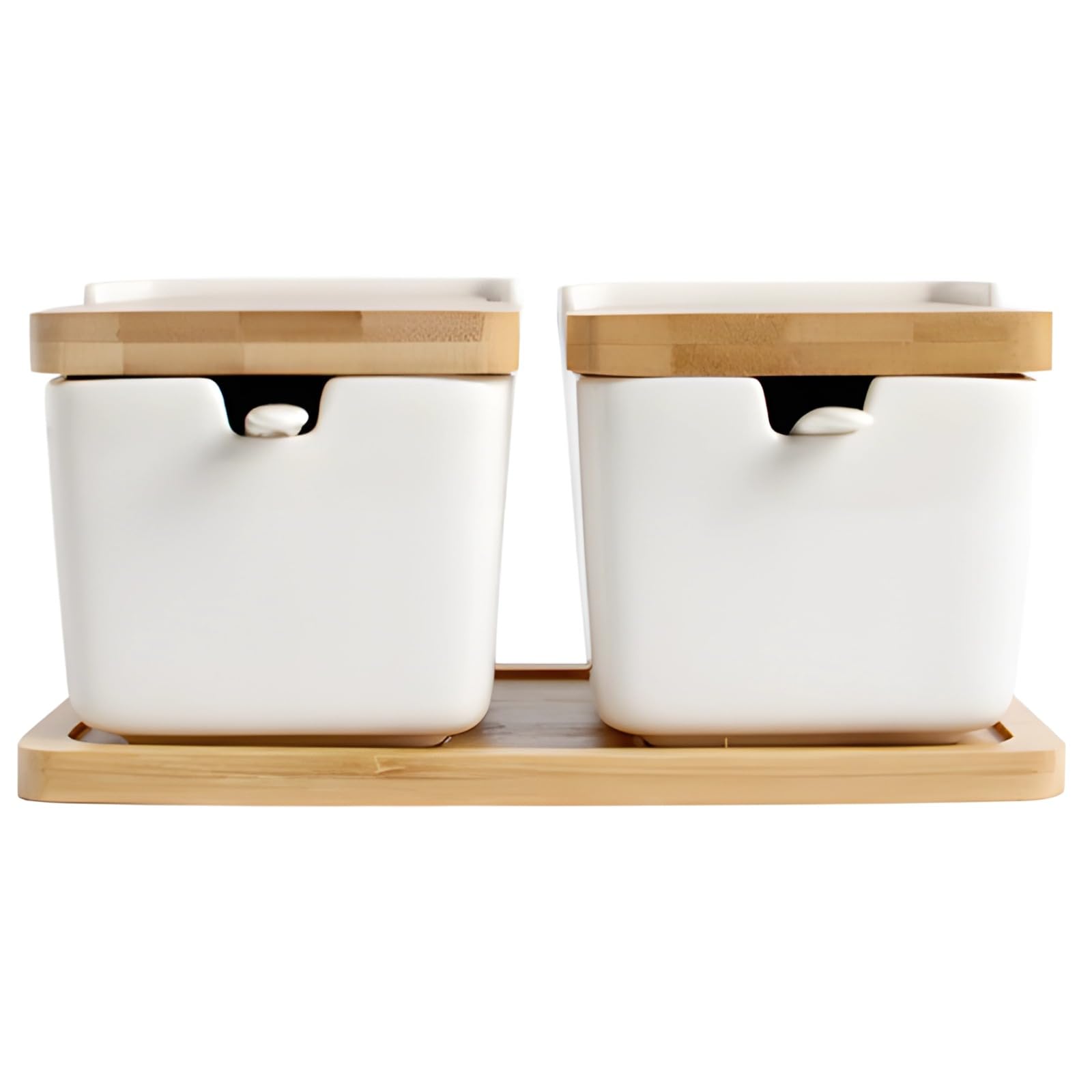 Lot de 2 boîtes à sel, mini salières avec couvercle en bois, pots à assaisonnement en céramique portables avec cuillères, plateau en bois, contenants à épices compacts pour cuisine et voyage