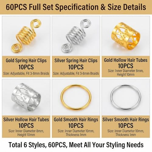 60 Piezas Accesorios de Pelo de Metal en Estilos Variados - Anillos de Puño, Cuentas en Espiral, Botones Dreadlock, Decoraciones de Trenzas, Horquillas para Extensión de Pelo (Oro y Plata) miniatura 2