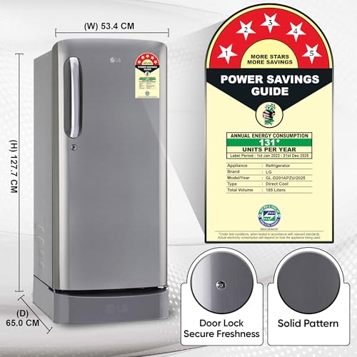 Image of LG 185 L 5 Star Inverter Direct-Cool Single Door Refrigerator (GL-D201APZU, Shiny Steel, Base stand with drawer)