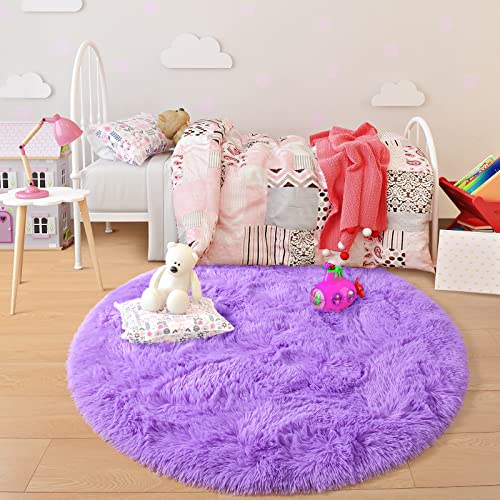 Junovo Round Rug 4X4 Feet Fluffy Soft Area Rugs For Kids Girls Room Princess Castle Plush Shaggy Carpet Cute Circle Nursery Rug For Kids Girls Bedroom Baby Room Home Decor Circular Carpet, Purple #TOP4
