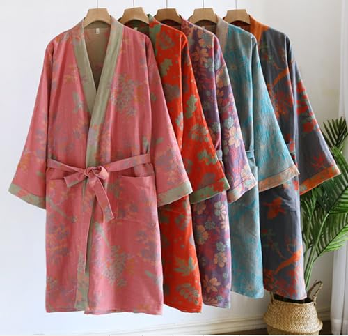 Cotton Double Gauze Traditional Hanfu Midi-length Nightdress Printing Tie-belt Bathrobe Loose Pajamas Comfortable Nightgown Sweat Steaming Yukata Sauna Suit Kimono for Women Large(Green Leaf)2