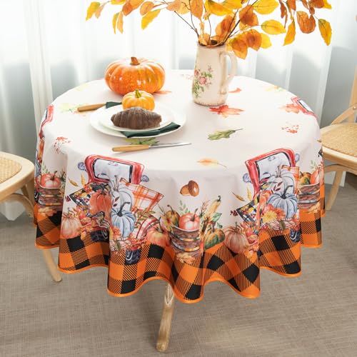 MikiUp-Thanksgiving-Fall-Tablecloth-Harvest-Pumpkin-Round-Table-Cloth-Farmhouse-Holiday-Checkered-Table-Cover-for-Party-Picnic-Dinner-Decor-Orange-60-Inch MikiUp Thanksgiving Fall Tablecloth Harvest Pumpkin Round Table Cloth Farmhouse Holiday Checkered Table Cover for Party Picnic Dinner Decor Orange 60 Inch