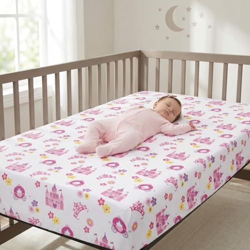 Image of Baby Girl Fitted Crib Sheet Princess Storyland, 100% Soft Breathable Microfiber Baby Sheet, Fits Standard Size Crib Mattress 28in x 52in, Nursery Sheet