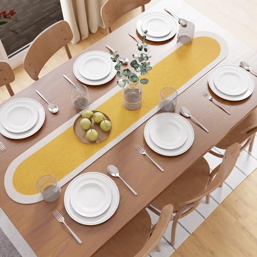 Image of Encasa XO Table Runner for 4 Seater | Handmade Ribbed Style Cotton | 30x137 cm | Yellow & Off White | for Dining & Center Table