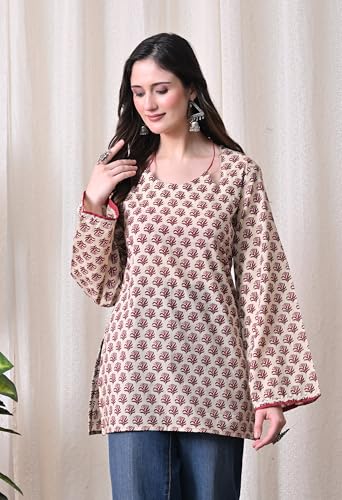 Image of MEERA FAB Women Cotton Printed A-Line Tunic Top with Square Neck | Floral Printed Halter Strap Detail & Bell Sleeves | Short Kurti for Women