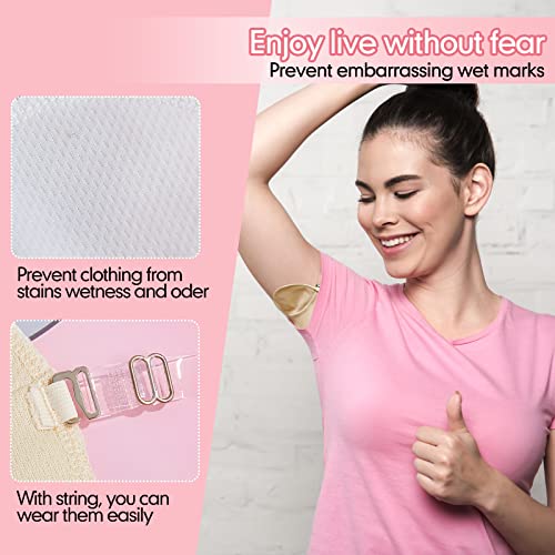 Image of 4 Pairs Underarm Sweat Pads Reusable Armpit Absorbing Guards Washable with Shoulder Strap Under Arm Breathable Absorbent Sweat Protectors Pads Guards for Women and Men(Nude, White)