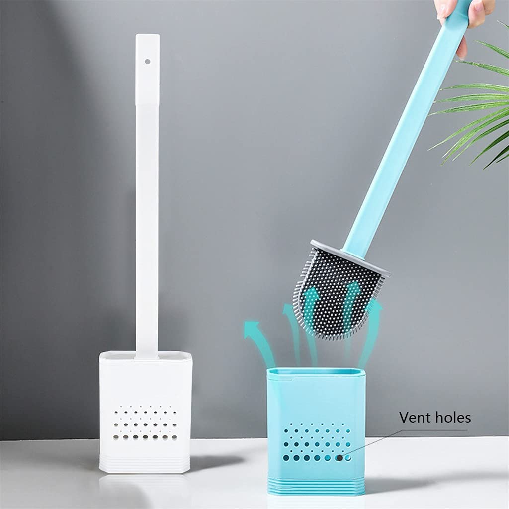 2 Piezas Limpiador Profundo a Prueba de Fugas de Agua con Base de Silicona WC Cabeza Plana Cepillo de cerdas Suaves Flexibles Juego de Soporte de Secado rápido (Azul)