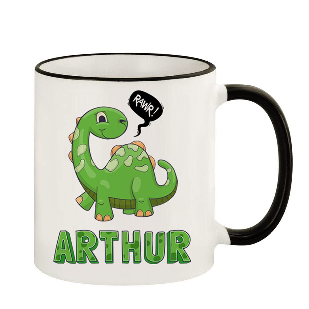 Getagift Personalised with Any Name Dinosaur Rawr, Gift for Boy/Girl, Kids, Children, Birthday, Back to School Present Novelty Mug, Unique Ceramic Coloured Rim Mug. (Black Rim)