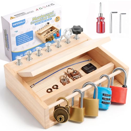 Image of INIFEIDALA Montessori Screwdriver Board Set - Lock and Key Toy | Busy Board Toys for 3 4 5 Year Olds Boy Birthday Gifts,Kids Tool Set,Preschool Learning Sensory Fine Motor Skills STEM Toys