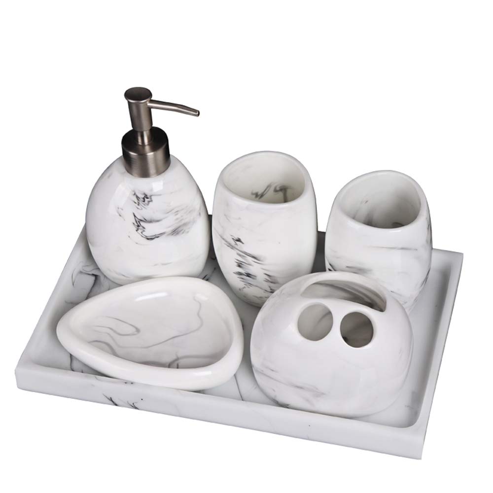 Nórdico Estilo Juego de Accesorios de Baño de Resina Conjunto de Baño con Porta Cepillo de Dientes, 2 Tazas, Dispensador de Jabón Líquido, Jabonera, Tinta Blanca,Resin Tray