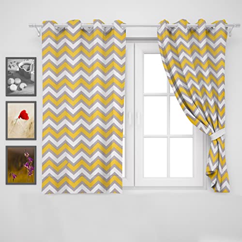 Image of HOMEMONDE Chevron Cotton Window Curtain 5 Feet - Hangs with Eyelet, Yellow Chevron, Pack of 2