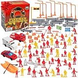 SCS Direct Firefighter Action Figure Playset- 100pc Fireman Toy Set with Rescue Vehicles, Figures & Accessories in Storage Box- Pretend Play Emergency Toys for Birthdays, Party Favors, Set for Kids