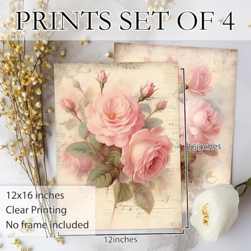 Image of laveliabel Vintage Pink Rose Wall Art Prints Set of 4 Unframed, Floral Wall Decor, Shabby Chic Pink Floral Botanical Poster Prints for Cottagecore Home Room Wall Decor 12x16 Inches
