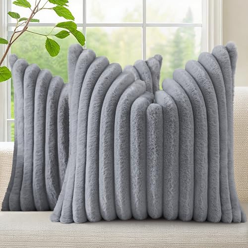 Image of decorUhome Fall Cozy Faux Fur Throw Pillow Covers 26x26 Set of 2 Decorative Soft Plush Striped Modern Farmhouse Boho Couch Euro Sham Pillow Cases with Velvet Back for Sofa Bed Living Room, Grey