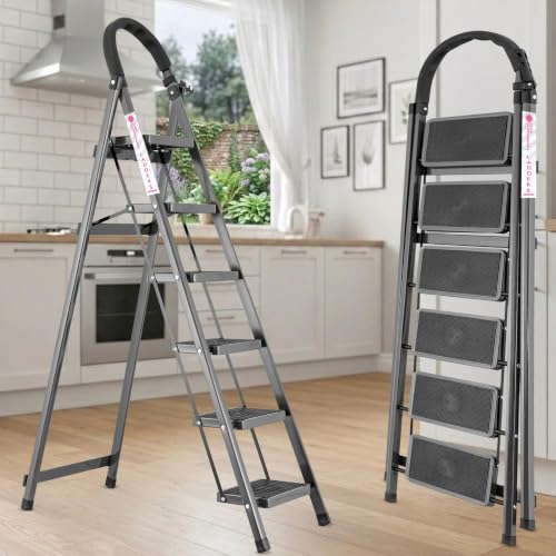 Image of Casa Copenhagen Grey 6 Step Ladder for Home Use with Built-in Tool Tray | Heavy Duty D Shape Rods | Ultra Large Platform | Wide Rubber Feet | 150Kg Capacity Foldable Ladder - 7 Years Warranty