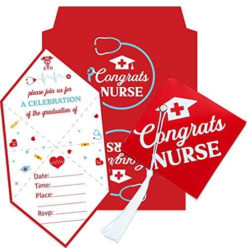 Cheereveal 25PCS Nurse Graduation Party Supplies Invitations, Medical Nursing School Graduation Party Invitations Cards with Envelopes, Cap Shaped Fill-In Nurse Announcement or Invites