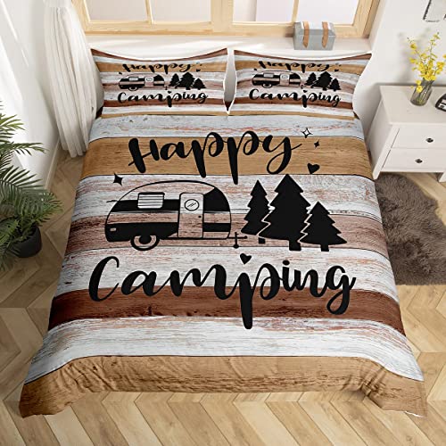 Happy Camping Bedding Set Queen Size,Gift For Kids Teens,Western Farm Vintage Duvet Cover Set Hobby Sports Theme Comforter Cover With 2 Pillowcase Camping Car Sketch Bedspread Cover #TOP5