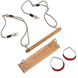 HAPPY PIE PLAY&ADVENTURE HappyPie Holztrapez mit Kunststoff-Stahlturnringen rot und Hartholzschaukel, 3-in-1 Spielplatz-Schaukel-Set
