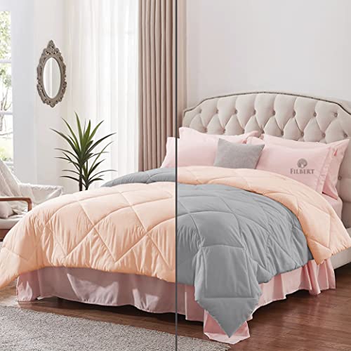 Image of Filbert - King Size Comforter for Winter 300 GSM Reversible Microfiber Soft & Cozy Diamond Stitch Quilt (92 inch x 106 inch Inches /233cm x 269cm) - Comforter King Size|Silver /Peach