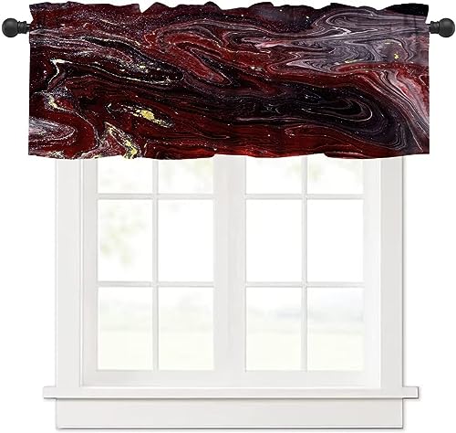 Image of Red and Black Marble Window Valance Curtain, Burgundy Maroon Gold Veins Unique Ombre Abstract Ink Texture Window Valances Treatments for Kitchen Living Room Cafe Decor 54'x18', 1 Panel