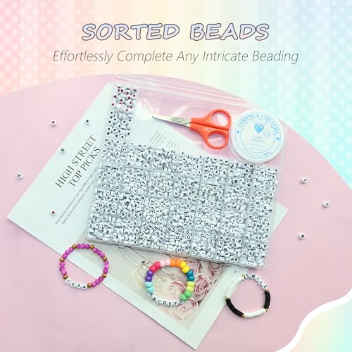Image of Amaney 1500 Pieces 4x7mm White Round Acrylic Alphabet Letter Beads A-Z Number Beads Star Beads Heart Beads and Crystal Line for Jewelry Making