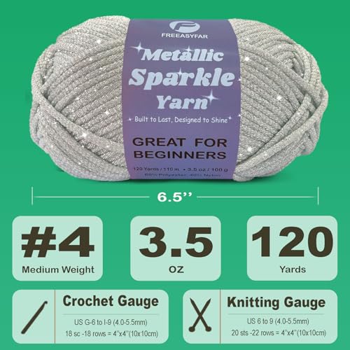 Image of Metallic Sparkle Yarn for Crochet and Knitting with Easy-to-See Stitches, Worsted Weight Medium #4, Beginners Yarn for Amigurumi, Bags, Handmade Gifts, Home Decor (Silver, 1 Pack)