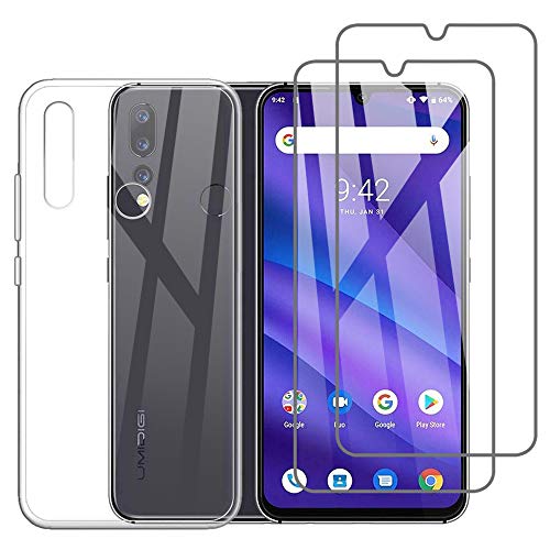 (3 in 1) for Umidigi A5 Pro Case + 2 Pack Glass Screen Protector Slim Clear Soft TPU Silicone Phone Case Cover with (Clear) for Umidigi A5 Pro