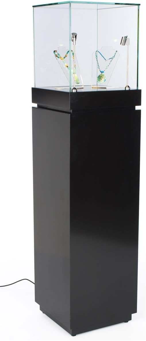 64" Glass Showcase with Pull-Out Drawer and Locking Storage Cabinet, Includes 2 LED Spotlights, Pedestal Display Case for 360 Degree Viewing - Black