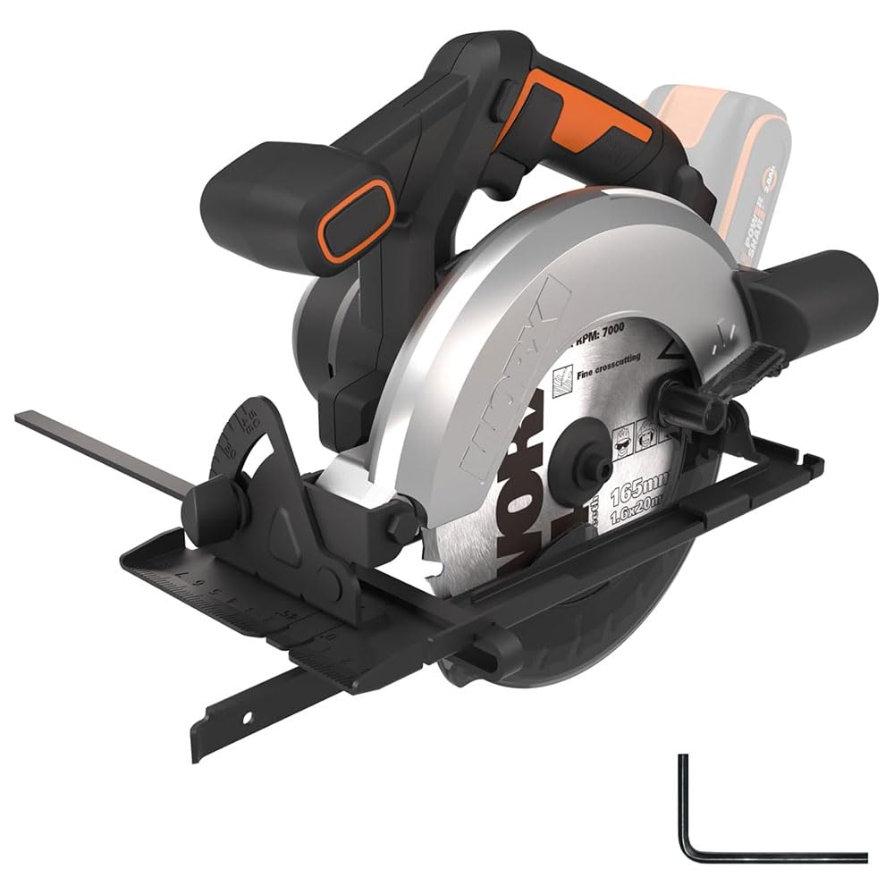 WORX WX526.9 Sega circolare a batteria 20 V – 165 mm – angolo di inclinazione 0 – 50° regolazione senza attrezzi – 55 mm taglio massimo (90°) – design compatto – adattatore di aspirazione – senza