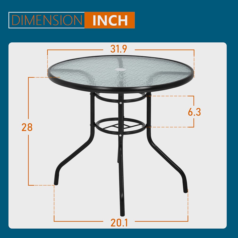 Mesa de comedor para exteriores con agujero de vidrio templado para sombrilla para césped, balcón, patio (redonda) 8