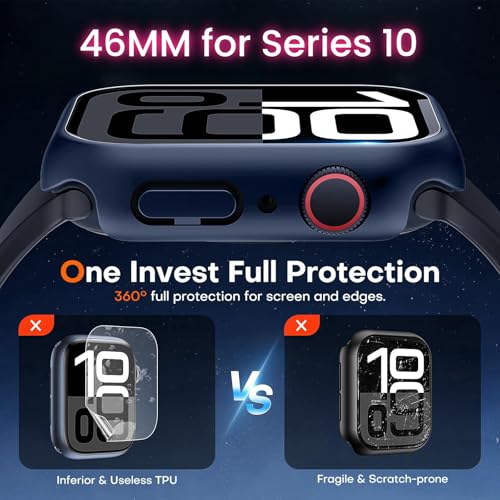 Image of VEMIGON Hard PC Case Compatible with Apple Watch Series 11 /10 46mm with Tempered Glass Full Screen Protector, Full Coverage, Touch Sensitive, Ultra-Thin HD Bumper Protective Cover for iWatch-Dark Blue