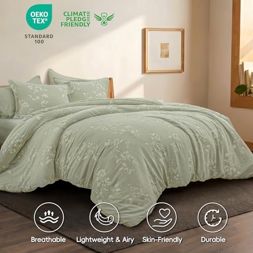 Image of PHF Cotton Jacquard Comforter Set Twin, Soft Breathable, Dusty Sage