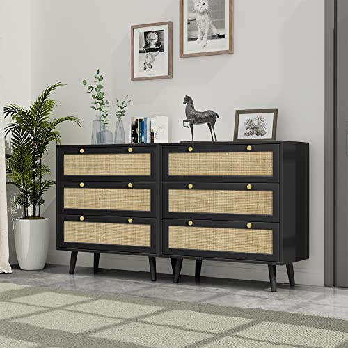 Anmytek Black Rattan Dresser for Bedroom, Modern 3 Drawer Dresser with Rattan Decor, Chest of Drawers with Spacious Storage Dresser for Bedroom, Hallway by Anmytek - Image 7