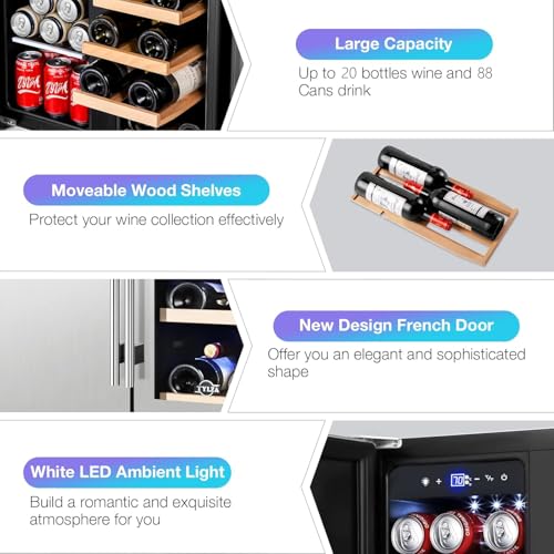Image of Tylza Wine and Beverage Refrigerator, 24 Inch Dual Zone Wine Beverage Cooler, Holds 20 Bottles and 88 Cans, Built-In and Freestanding, Seamless Glass Door, Under Counter Beer Wine Refrigerator