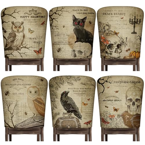 Moukeren 6 Pcs Halloween Chair Cover Set Gothic Halloween Decor Stretch Dining Chair Back Covers Skeleton Black Cat Bat Owl Seat Covers Horror Farmhouse Dining Seat Protector for Home Kitchen Decor