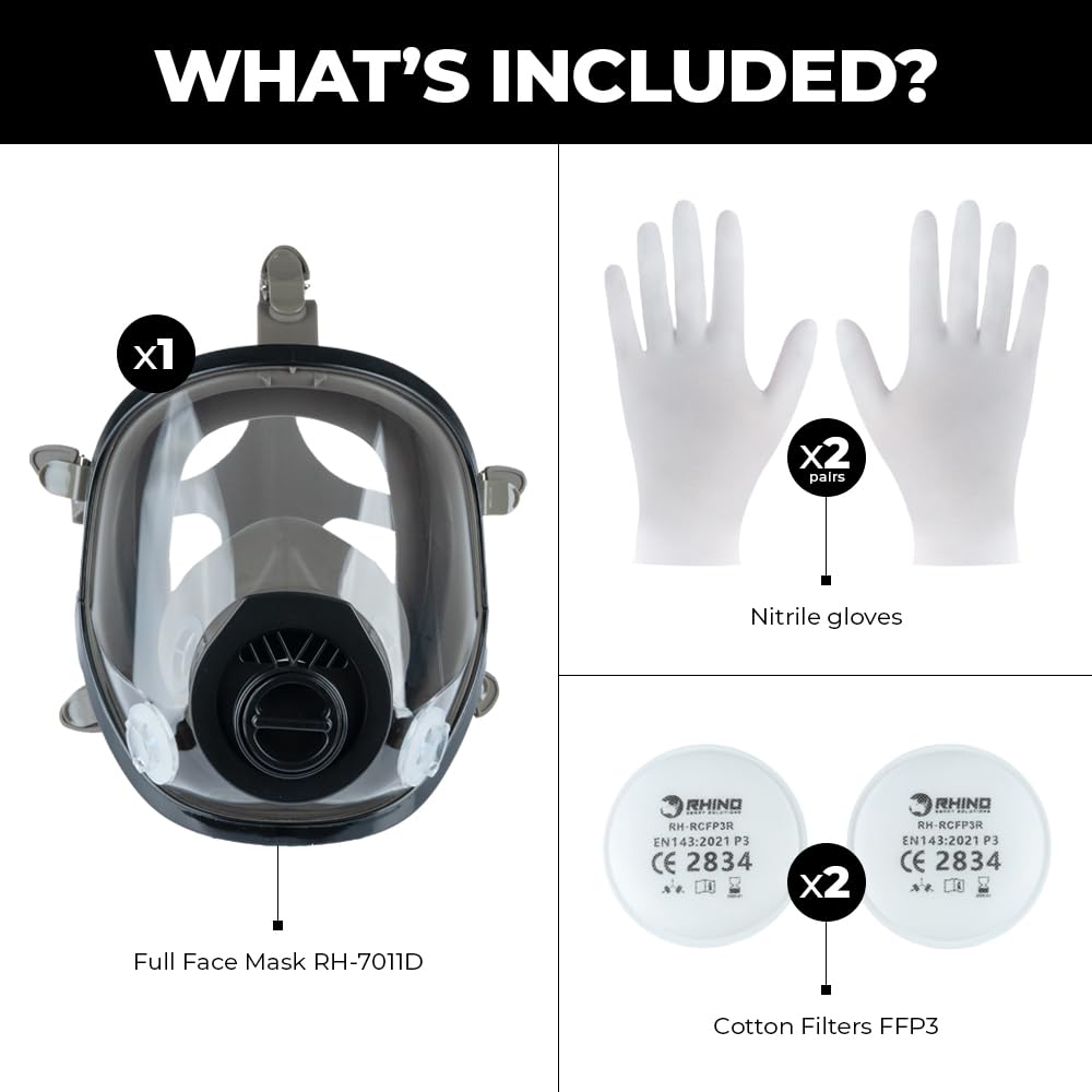 RHINO Smart Solutions Masque Respiratoire du Protection Filtrante à Particules FFP3 pour Peinture, Anti Gaz, Poncage, Amiante, Sablage et Poussiere (7011C) | Visière Intégrale Réutilisable