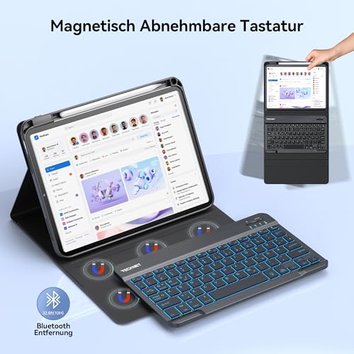 TECKNET Hülle mit Tastatur für iPad A16 11/10 Generation(2025/2022, 11/10.9 Zoll), 7 Farben Beleuchtete Magnetische Abnehmbare Keyboard QWERTZ, Schutzhülle mit Stifthalter für iPad 11./10., Schwarz 3