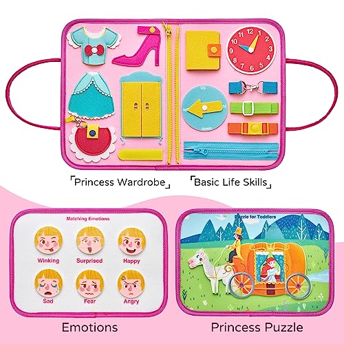 Image of Freebear Deluxe Pink Princess Quiet Book Sensory Board for Toddlers 1-4, Montessori Educational Toys for Girls, Travel Toys with Activities