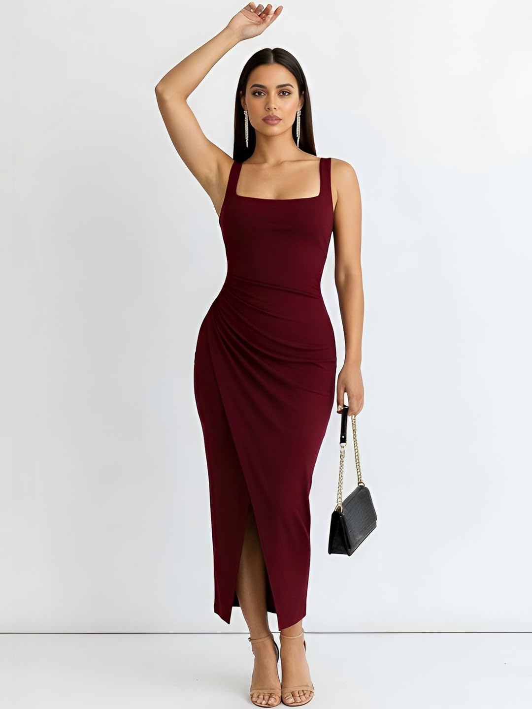 Women's Sleeveless Square Neck Bodycon Midi Dress with Ruched Waist & Front Slit | Elegant Cocktail Dress-image-22