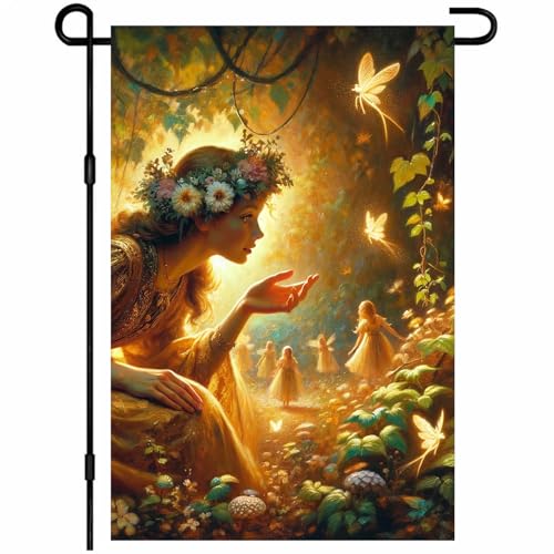 IVN Spring Fairy Garden Flag 12x18 Inch Double Sided Enchanted Forest Flag with Flower Crown Fairy and Glowing Fairies Fantasy Yard Decor for Outdoor Lawn Porch or Seasonal House Decoration