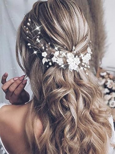 Evlry Vigne de mariage avec perles argentées et feuilles de vigne - Bijou de cheveux pour femme