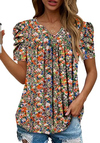 KISSMODA Tops for Womens Summer Cute Short Sleeve Shirts Trendy Notched Neck Blouses Casual Loose Pleated Tunics S-3Xl