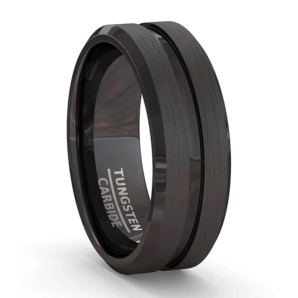 ZENSE - Bague homme en acier noir mat avec rainure ZR0170