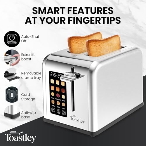 Smart Toaster 2 Slice with Touchscreen Control, Wide Slots, Extra Lift, Defrost & Timer, 880W, Silver Stainless Steel - Image 3