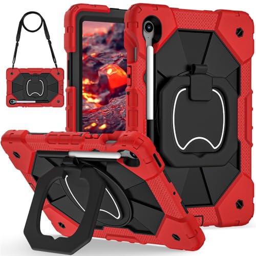 Étui Galaxy Tab S9 rouge et noir rigide antichoc en silicone avec sangle de transport