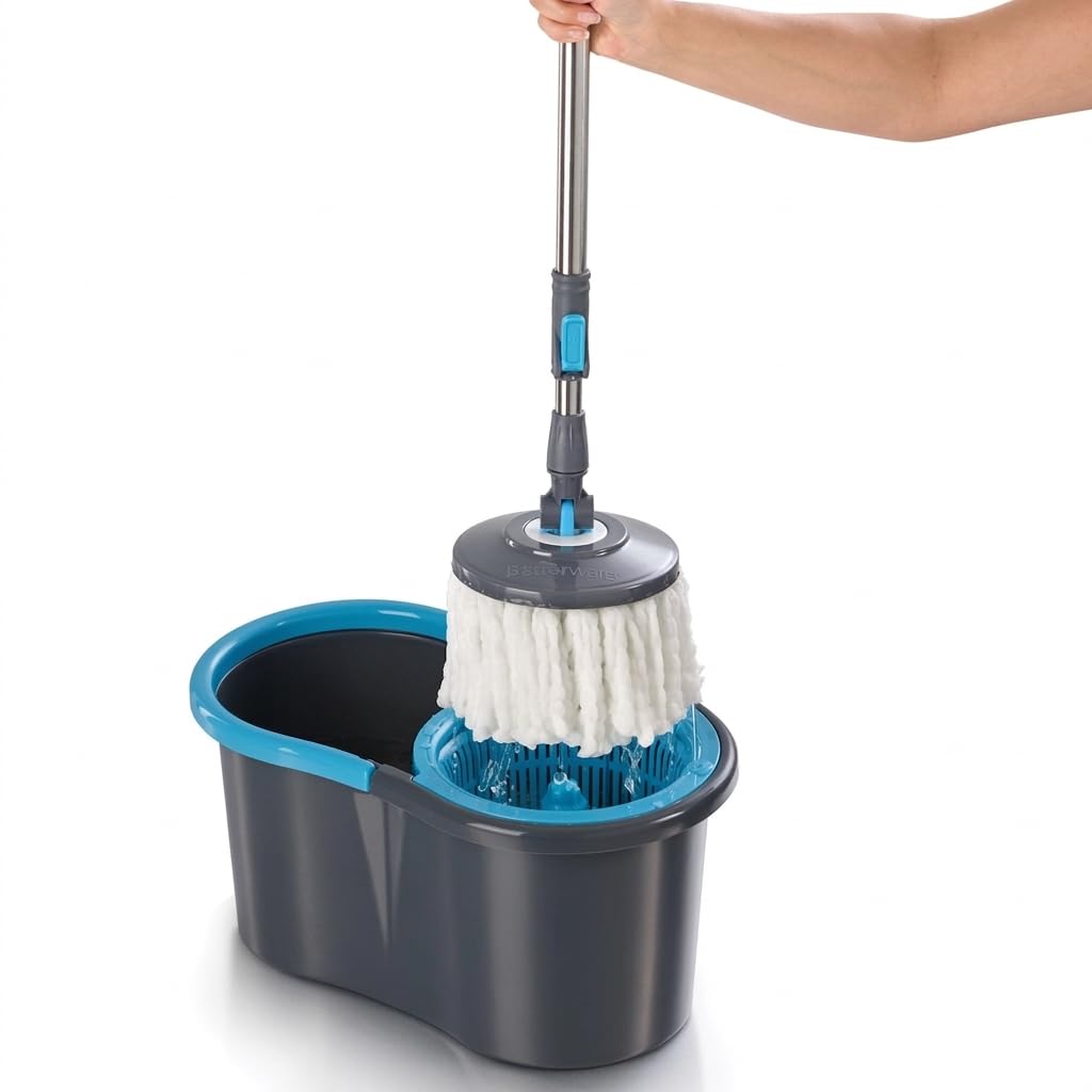 Betterware Fácil Mop - Trapeador Giratorio con Palanca de Polipropileno y Acero Cromado, Exprimidor sin Contacto para Cocina Baño o Sala, Incluye Repuesto